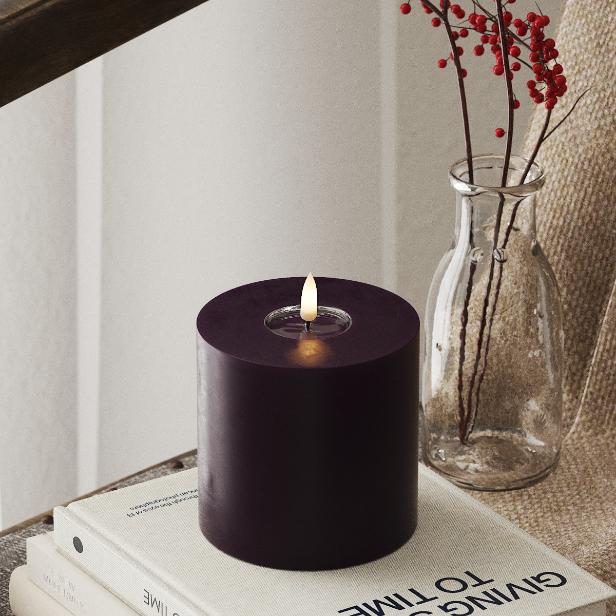 Deluxe Homeart LED Bloklys Ø 10 x 10 cm Mørkelilla LED bloklys 4